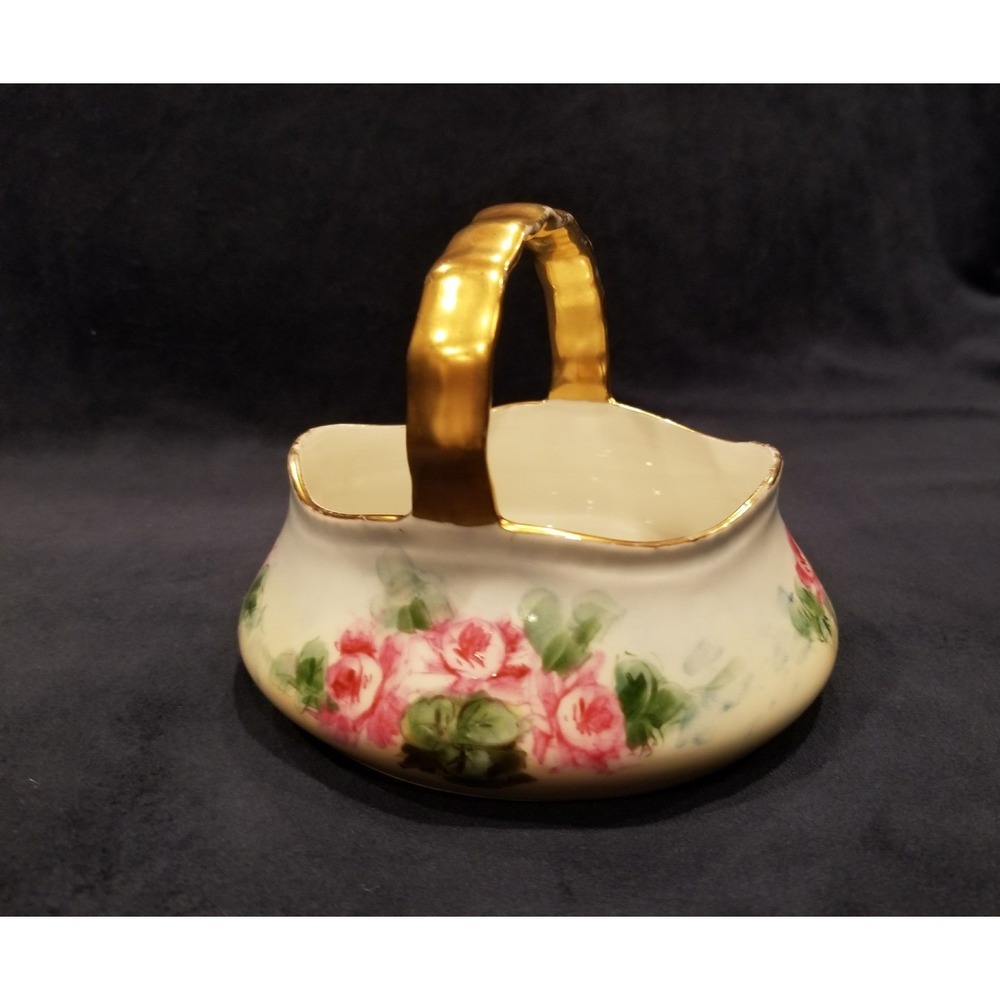 Antique Handmade/ Hand painted German Porcelain Gold Handle Basket w Roses